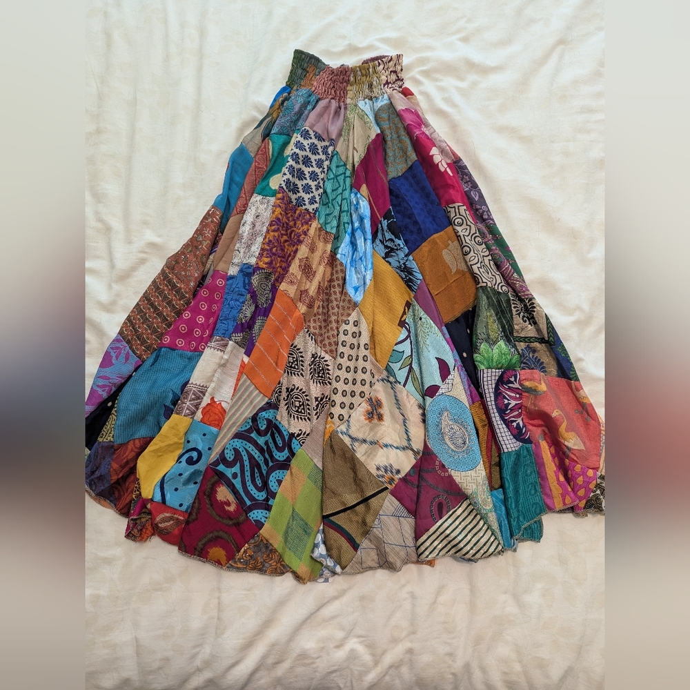 NWOT Beautiful Silk Colorful Patchwork Full Swing Skirt One Size Handmade